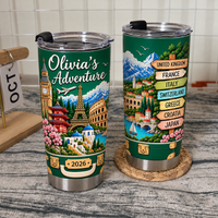 Two green travel tumblers featuring world landmarks, mountains, a custom name, year, and a directional signpost.