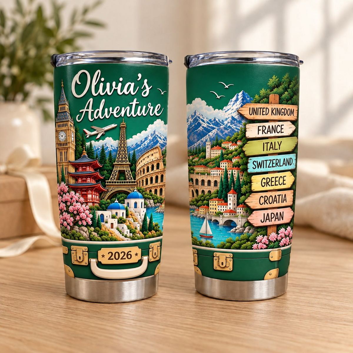 World Travel Landmarks Tumbler featuring personalized adventure mug art, shown from two angles on a wooden table.