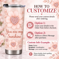 A pink stainless steel tumbler is shown alongside a how-to-customize info graphic with text and icons.