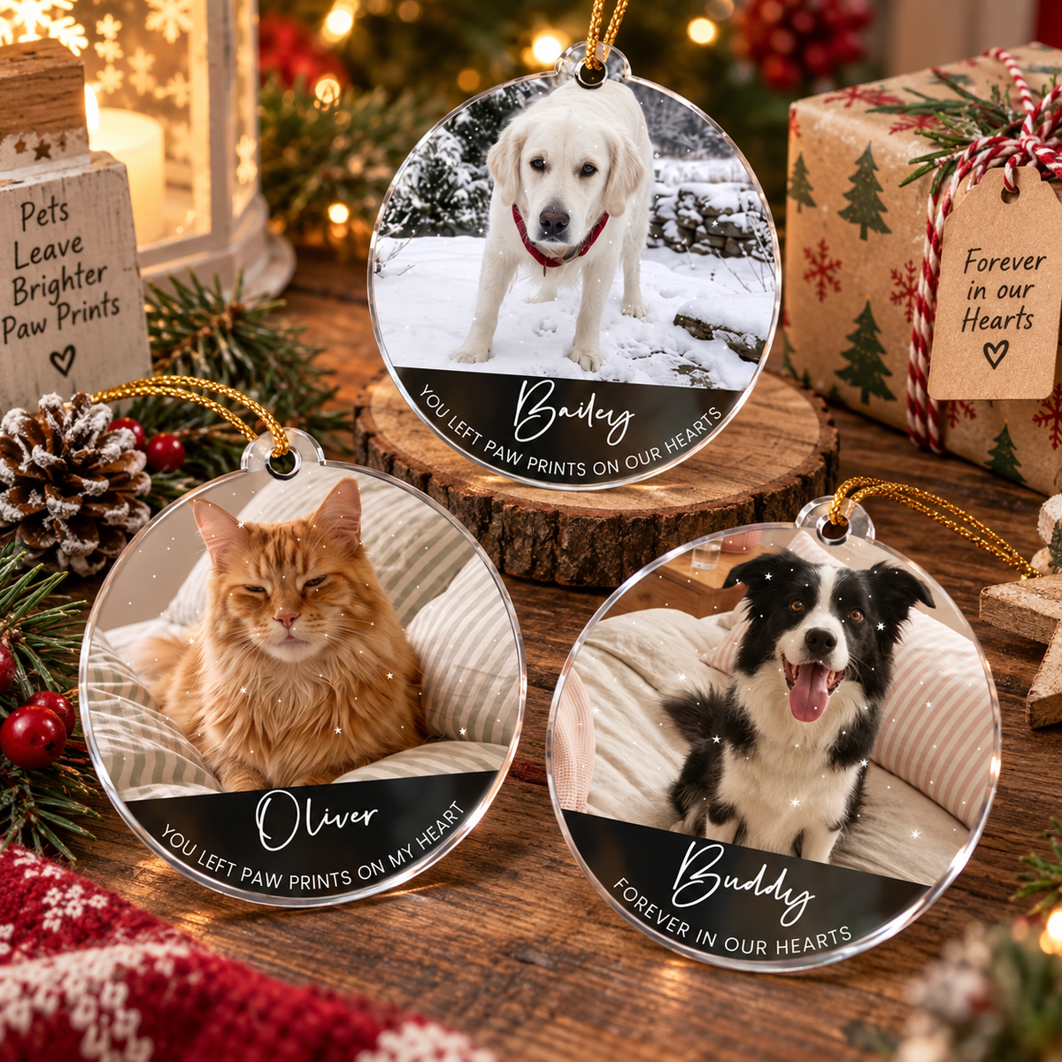 You Left Paw Prints On Our Hearts Forever In Our Hearts Pet Memorial Ornament Personalized Christmas on a hanger, ready to ship from Austin, Texas