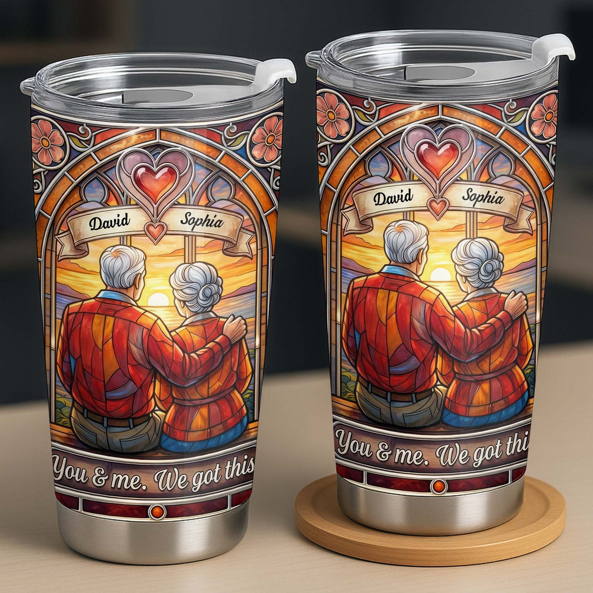 You & Me. We Got This Tumbler, Personalized Stained Glass Couple Tumbler with Custom Names, Annivers on a hanger, ready to ship from Austin, Texas