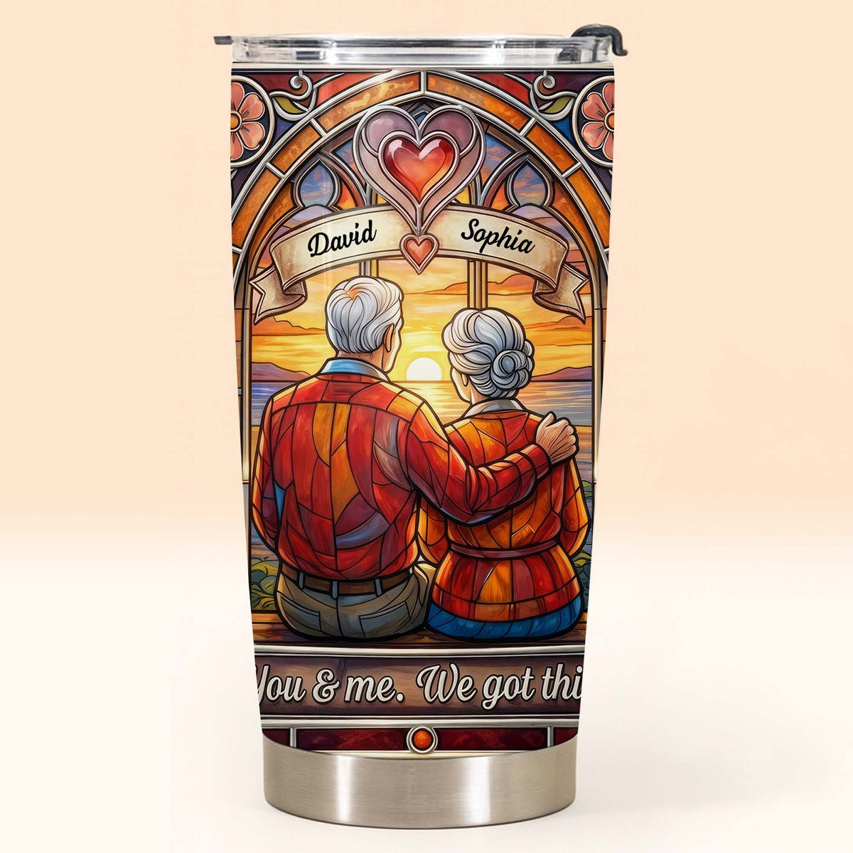 Customer in Austin, Texas wearing You & Me. We Got This Tumbler, Personalized Stained Glass Couple Tumbler with Custom Names, Annivers