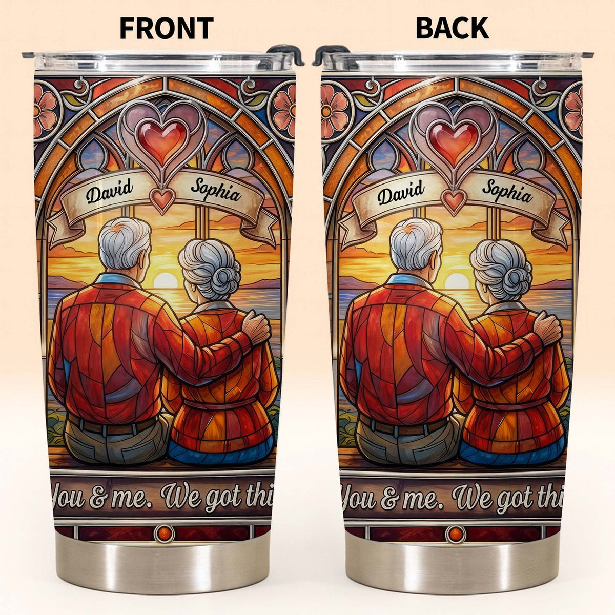 Close-up of You & Me. We Got This Tumbler, Personalized Stained Glass Couple Tumbler with Custom Names, Annivers for streetwear fans in Austin, Texas