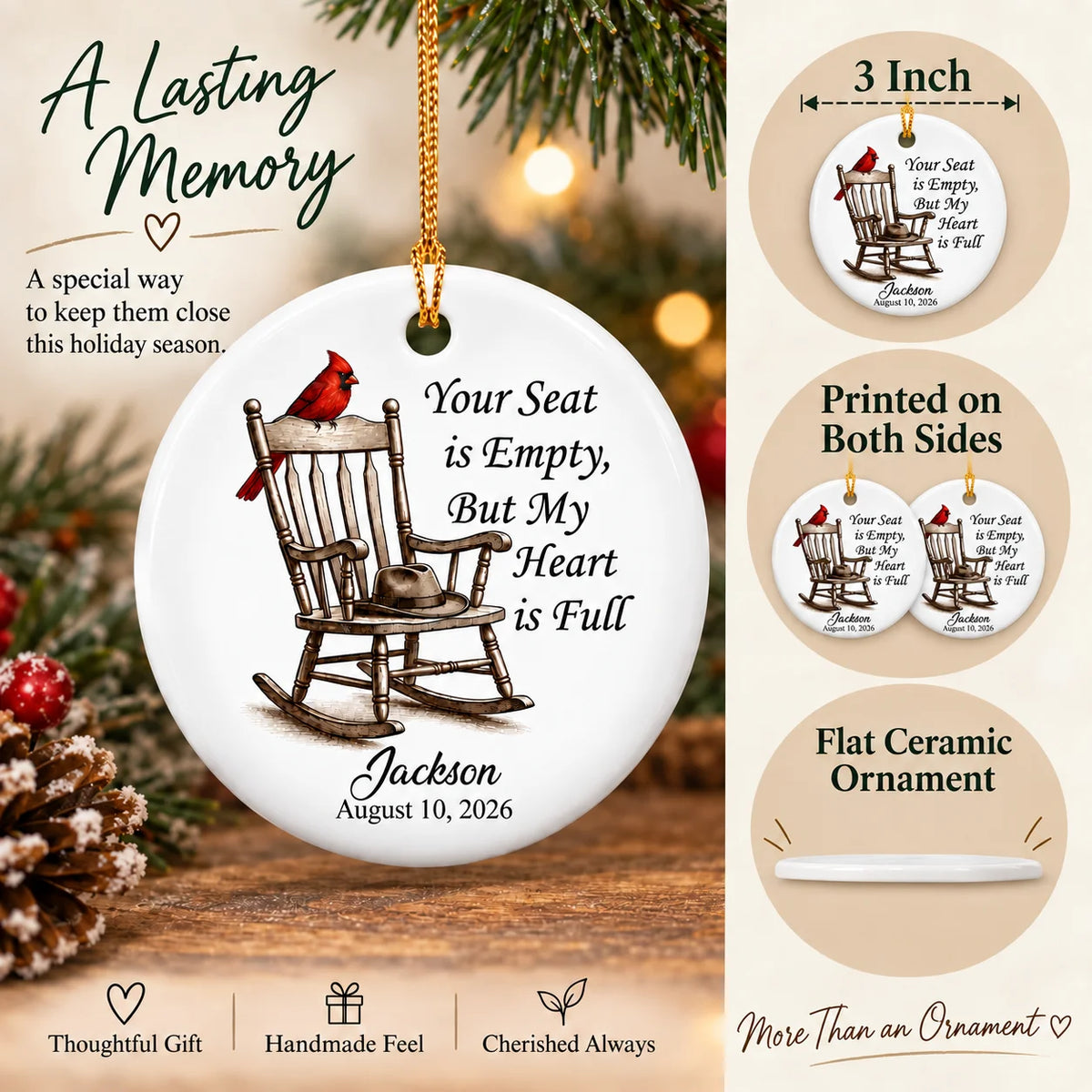 Collage showcasing features of the Christmas sympathy gift with double-sided print and flat ceramic profile.
